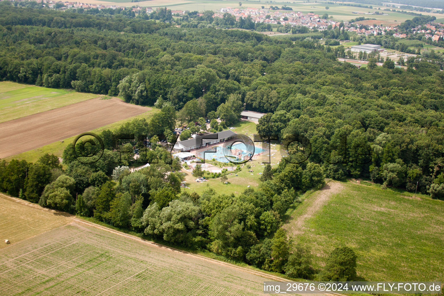 Aerial view of Forest swimming pool in Kandel in the state Rhineland-Palatinate, Germany