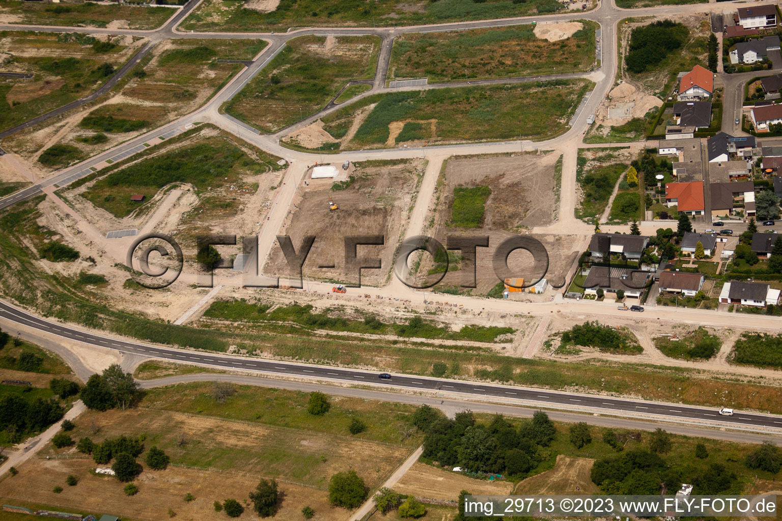 New development area west in Jockgrim in the state Rhineland-Palatinate, Germany from the plane