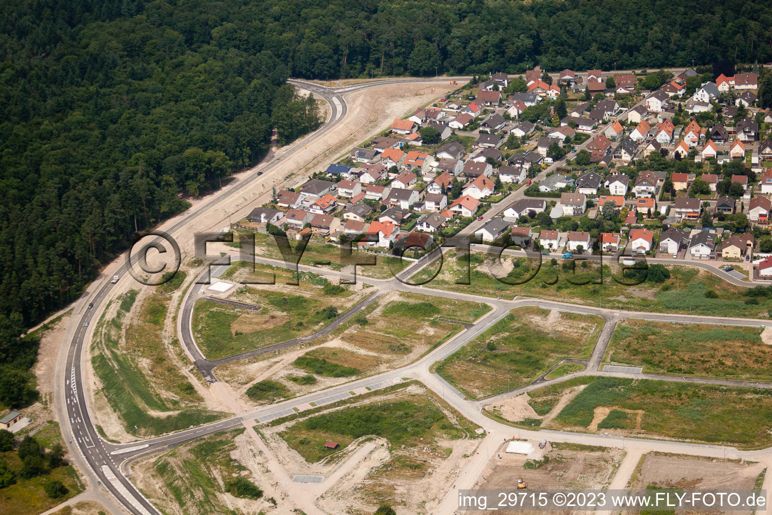 New development area West in Jockgrim in the state Rhineland-Palatinate, Germany viewn from the air