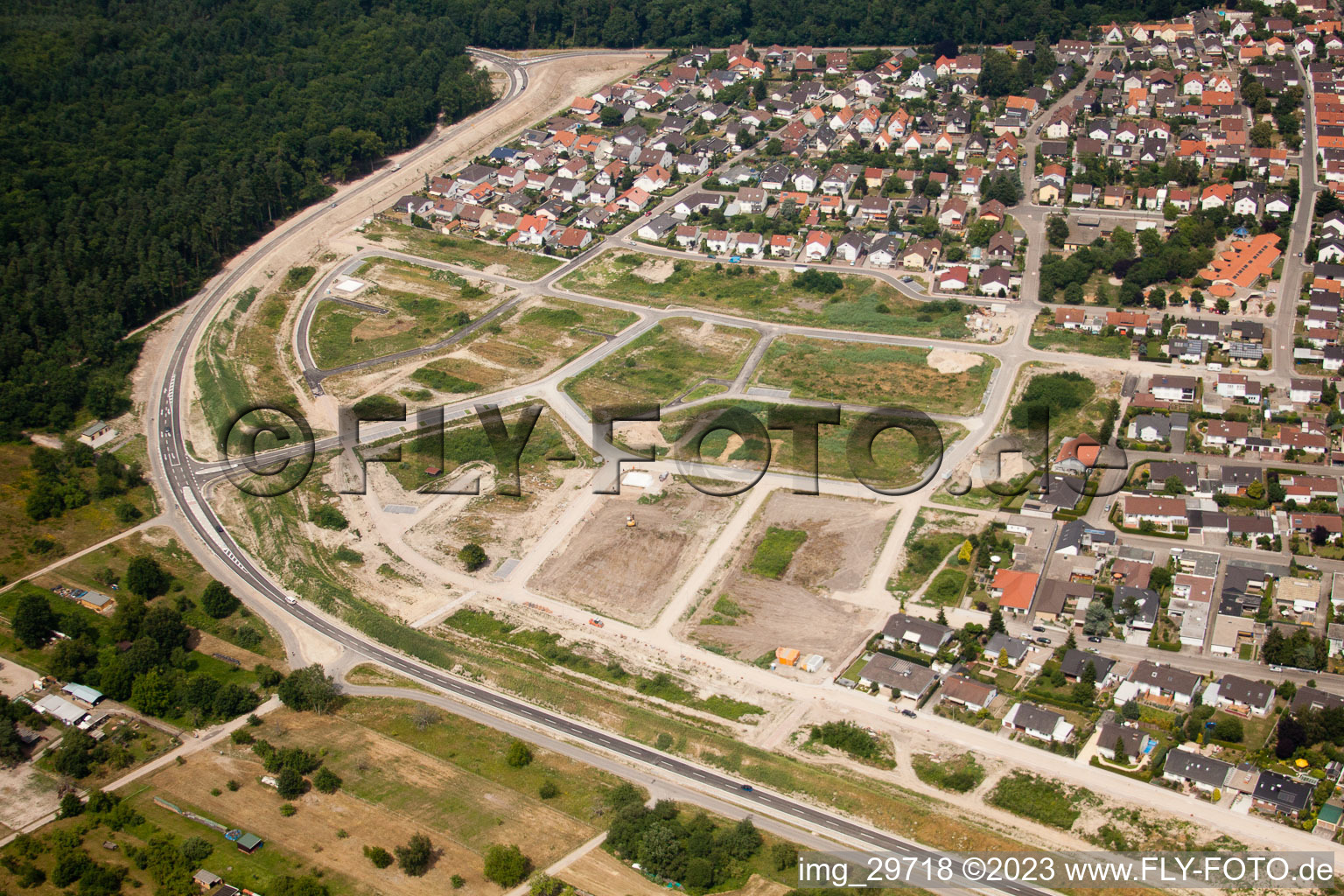 New development area west in Jockgrim in the state Rhineland-Palatinate, Germany from the drone perspective