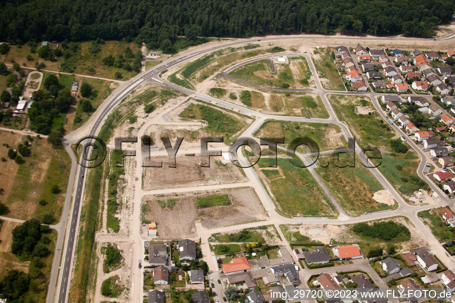 New development area west in Jockgrim in the state Rhineland-Palatinate, Germany from a drone