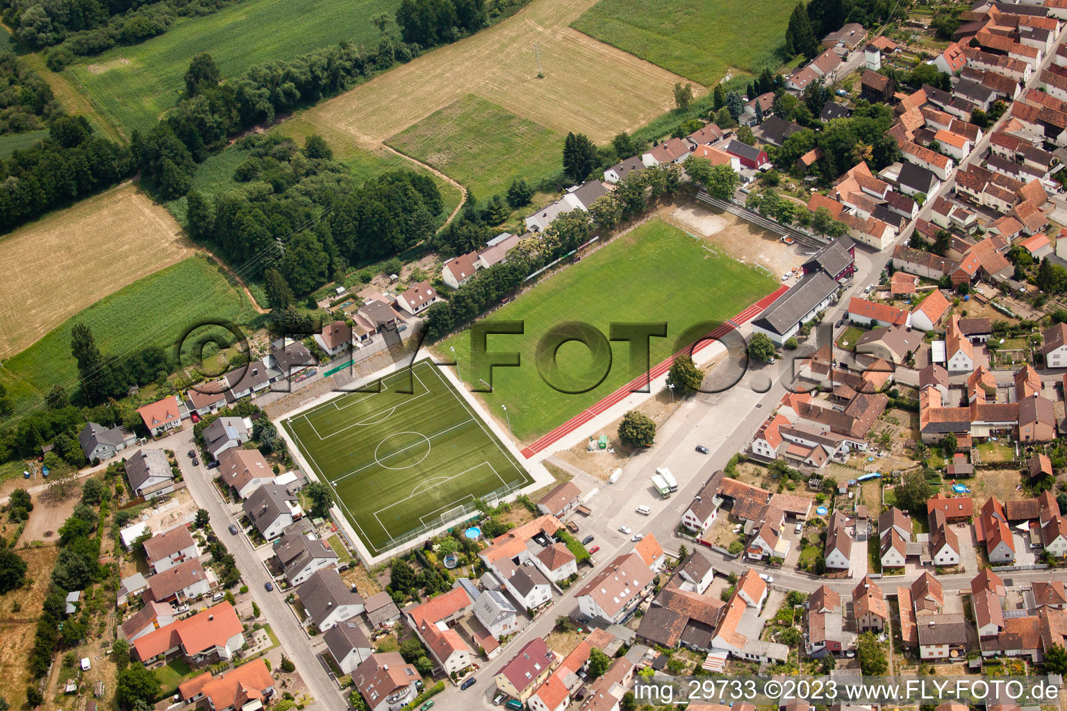 Aerial view of Football field in Jockgrim in the state Rhineland-Palatinate, Germany