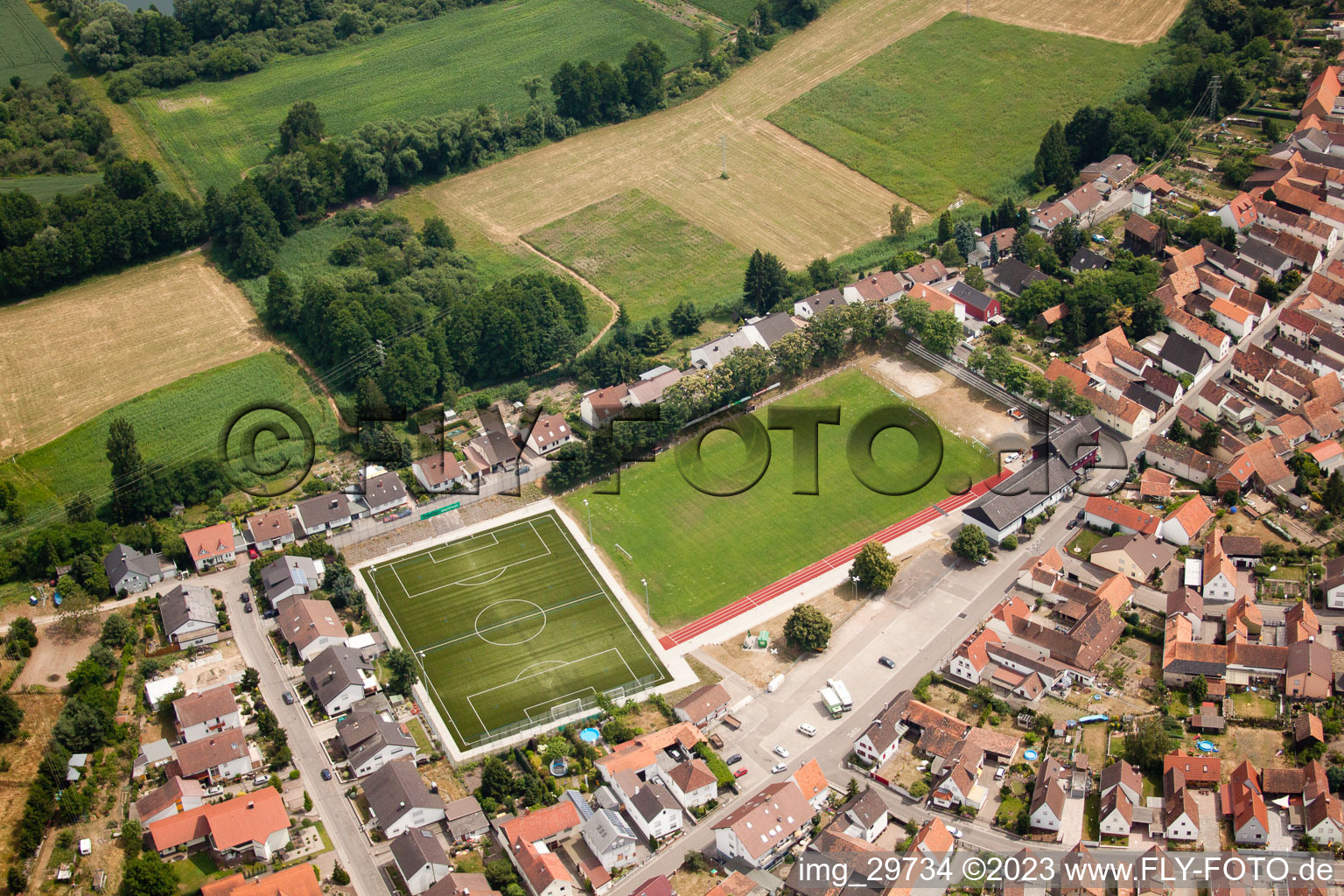 Aerial photograpy of Football field in Jockgrim in the state Rhineland-Palatinate, Germany