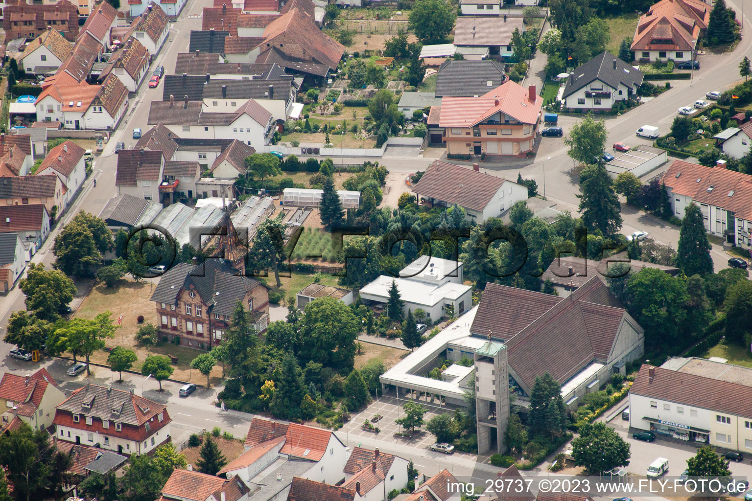 Town Hall, Church in Jockgrim in the state Rhineland-Palatinate, Germany