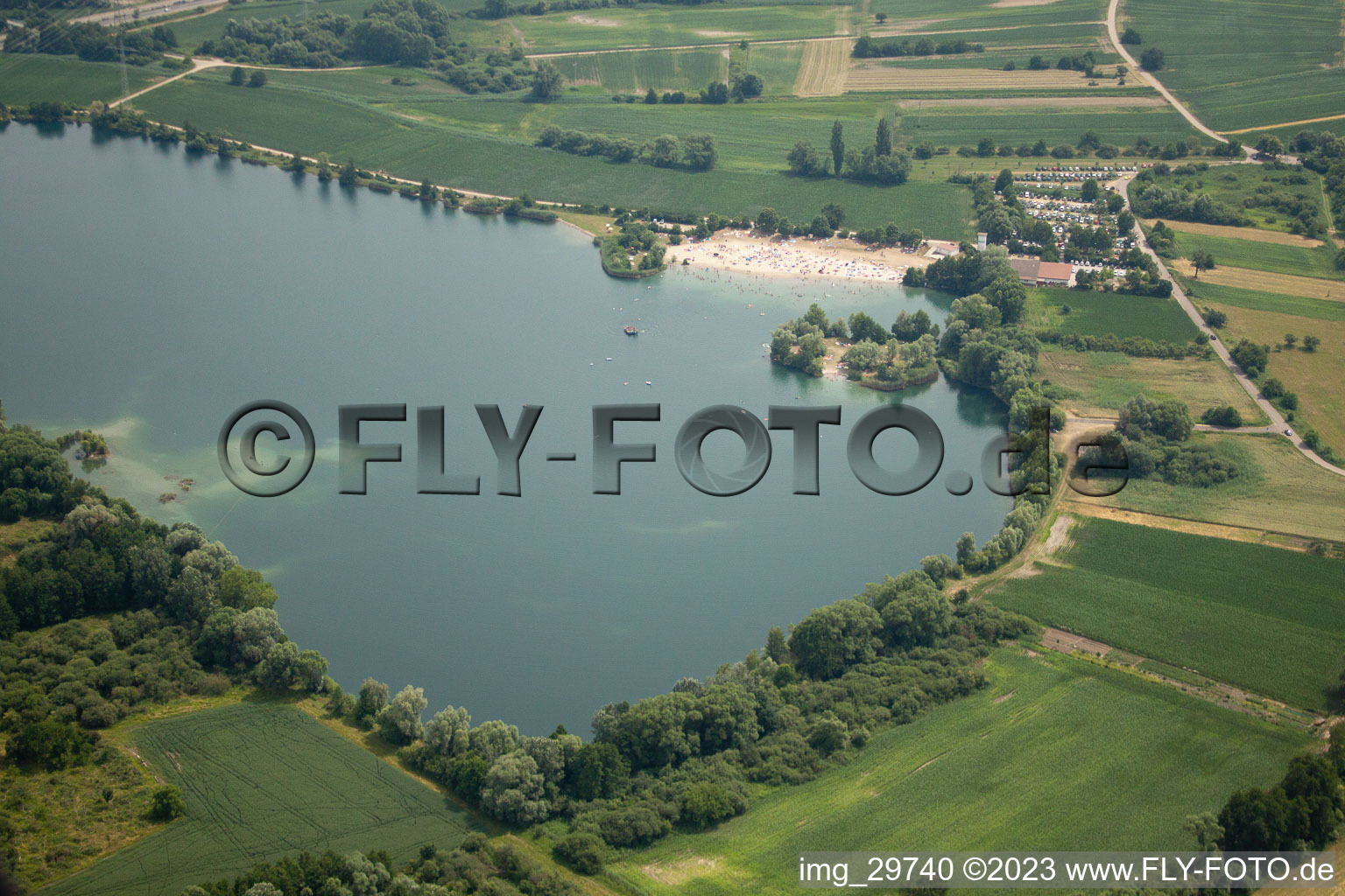 Aerial view of Beach at the quarry lake in Jockgrim in the state Rhineland-Palatinate, Germany