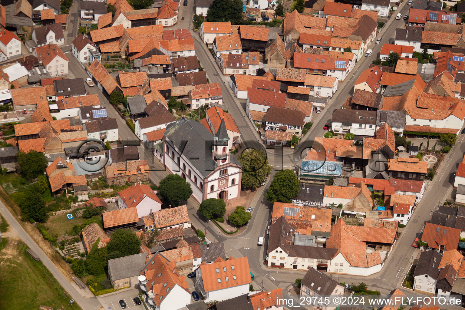 Aerial view of Church in Neupotz in the state Rhineland-Palatinate, Germany