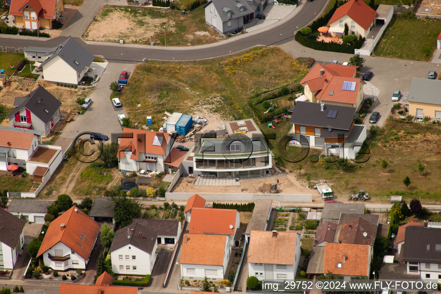 Oblique view of Blumenring new development area in Neupotz in the state Rhineland-Palatinate, Germany