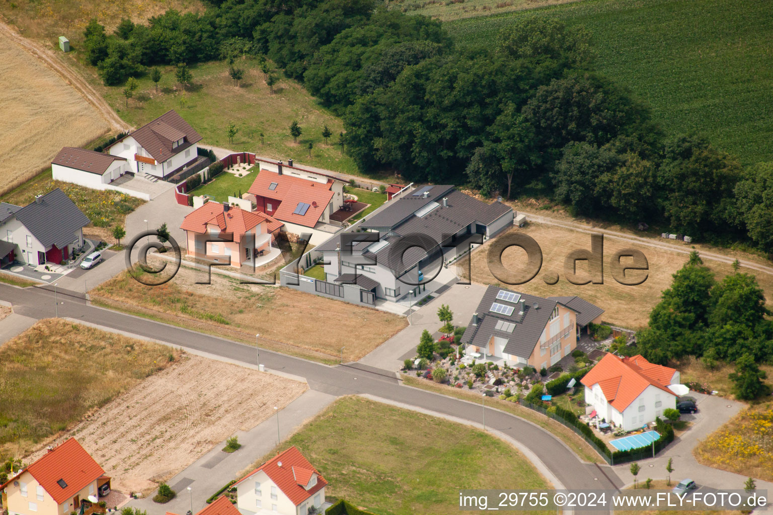 Oblique view of In Altfeld in Neupotz in the state Rhineland-Palatinate, Germany