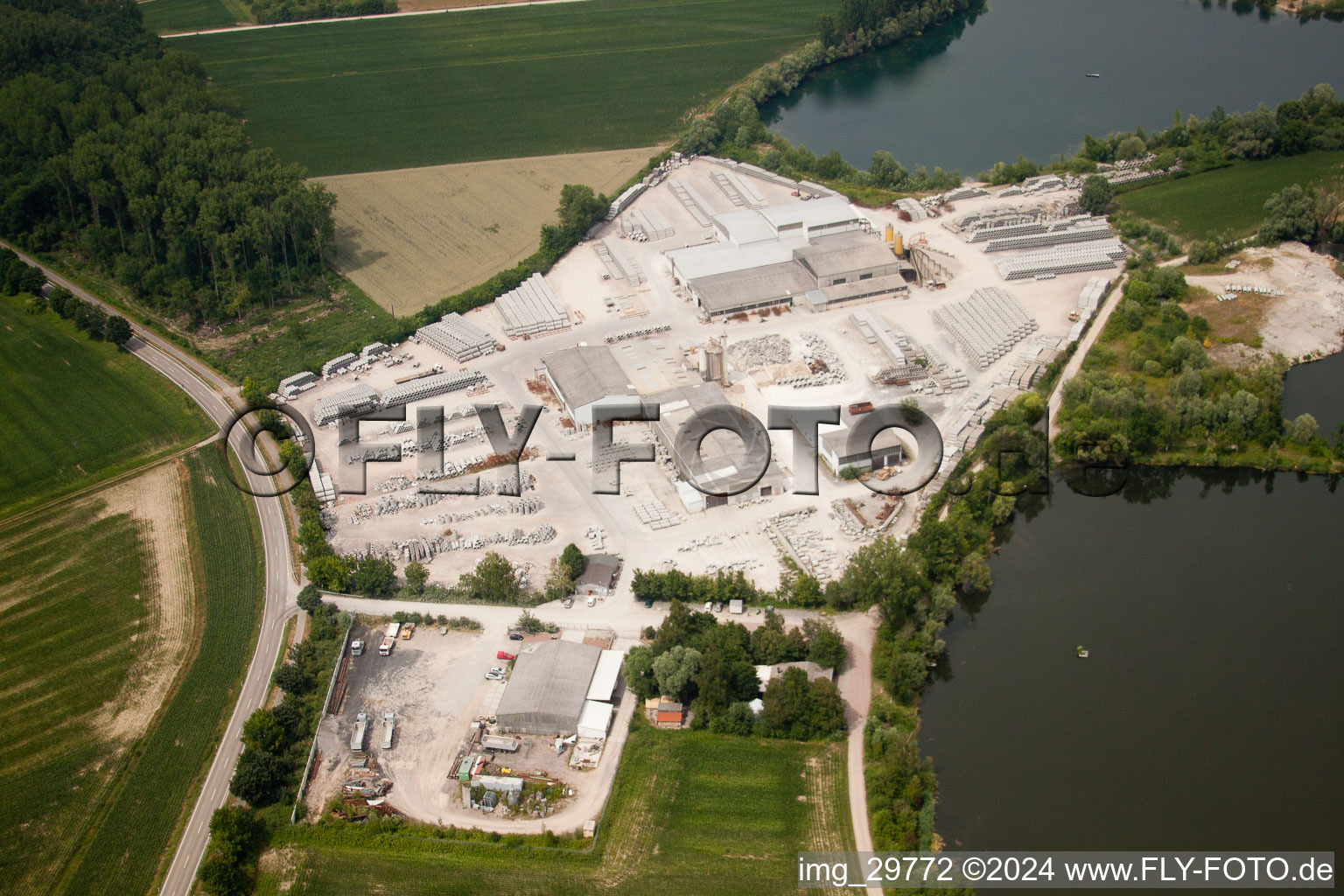 Aerial view of Concrete pipe plant in Neupotz in the state Rhineland-Palatinate, Germany