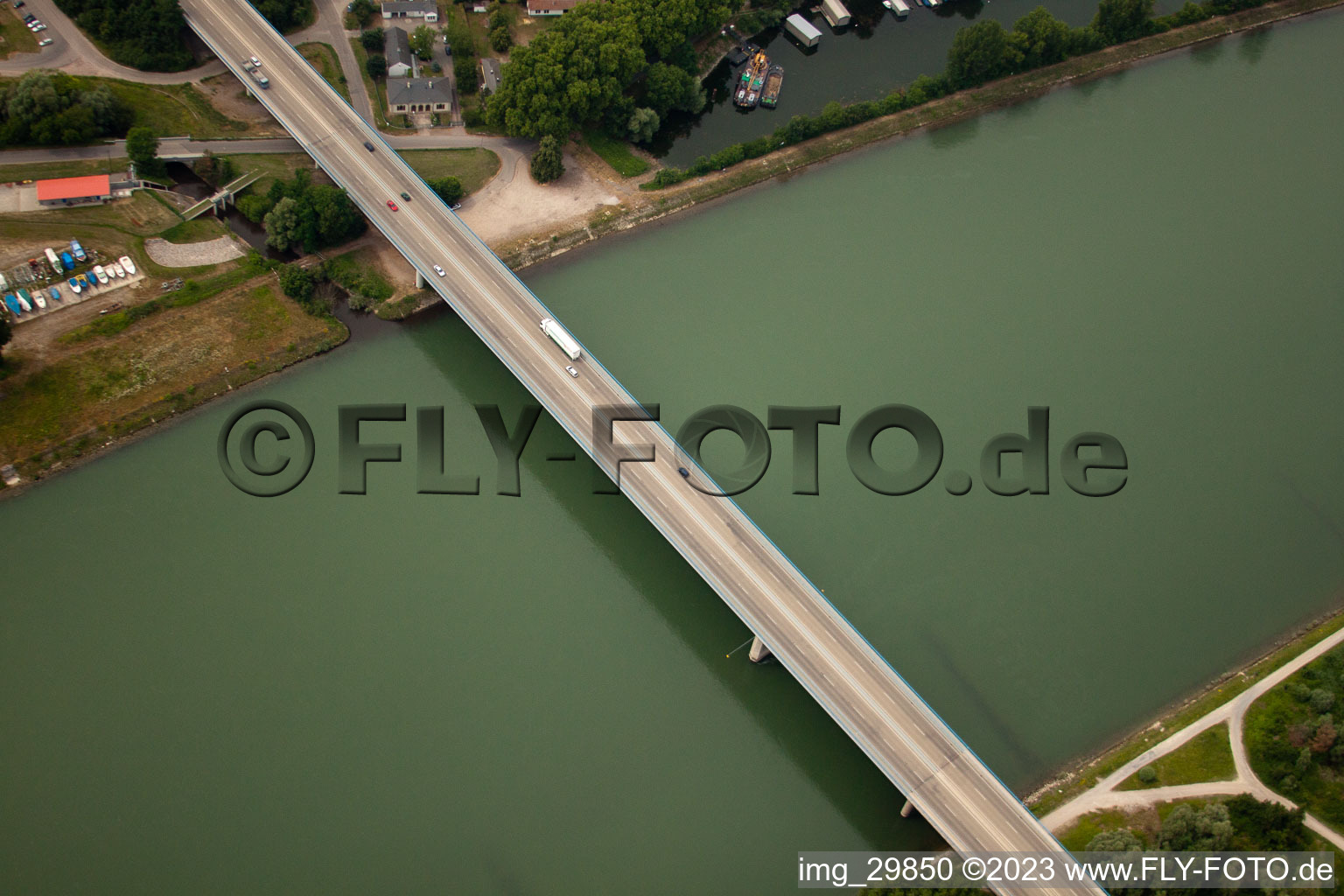 Aerial view of Rhine bridge in Germersheim in the state Rhineland-Palatinate, Germany