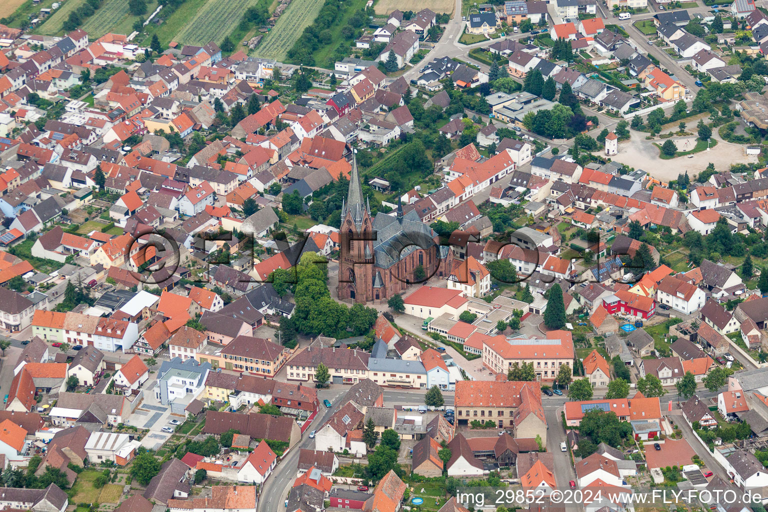 Aerial view of Town View of the streets and houses of the residential areas in the district Rheinsheim in Philippsburg in the state Baden-Wurttemberg, Germany