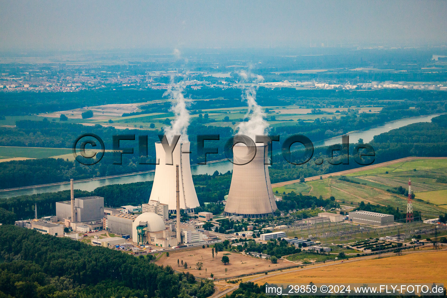 Nuclear power plant from the southeast in Philippsburg in the state Baden-Wuerttemberg, Germany