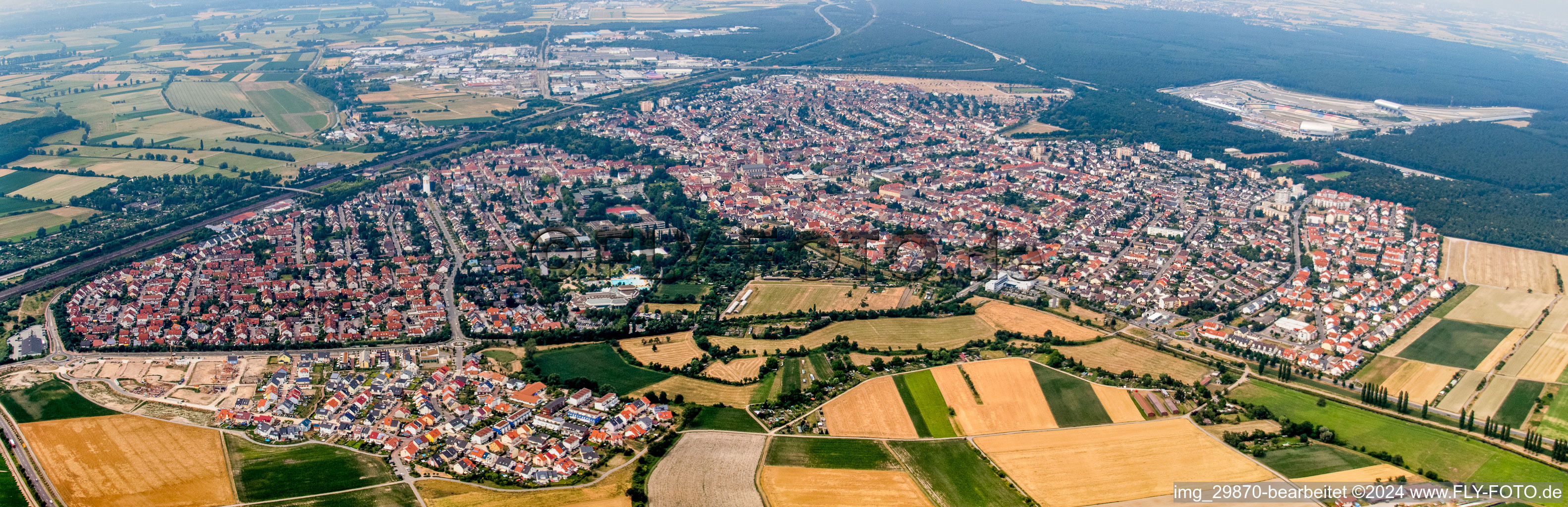 Panoramic perspective Town View of the streets and houses of the residential areas in Hockenheim in the state Baden-Wurttemberg, Germany