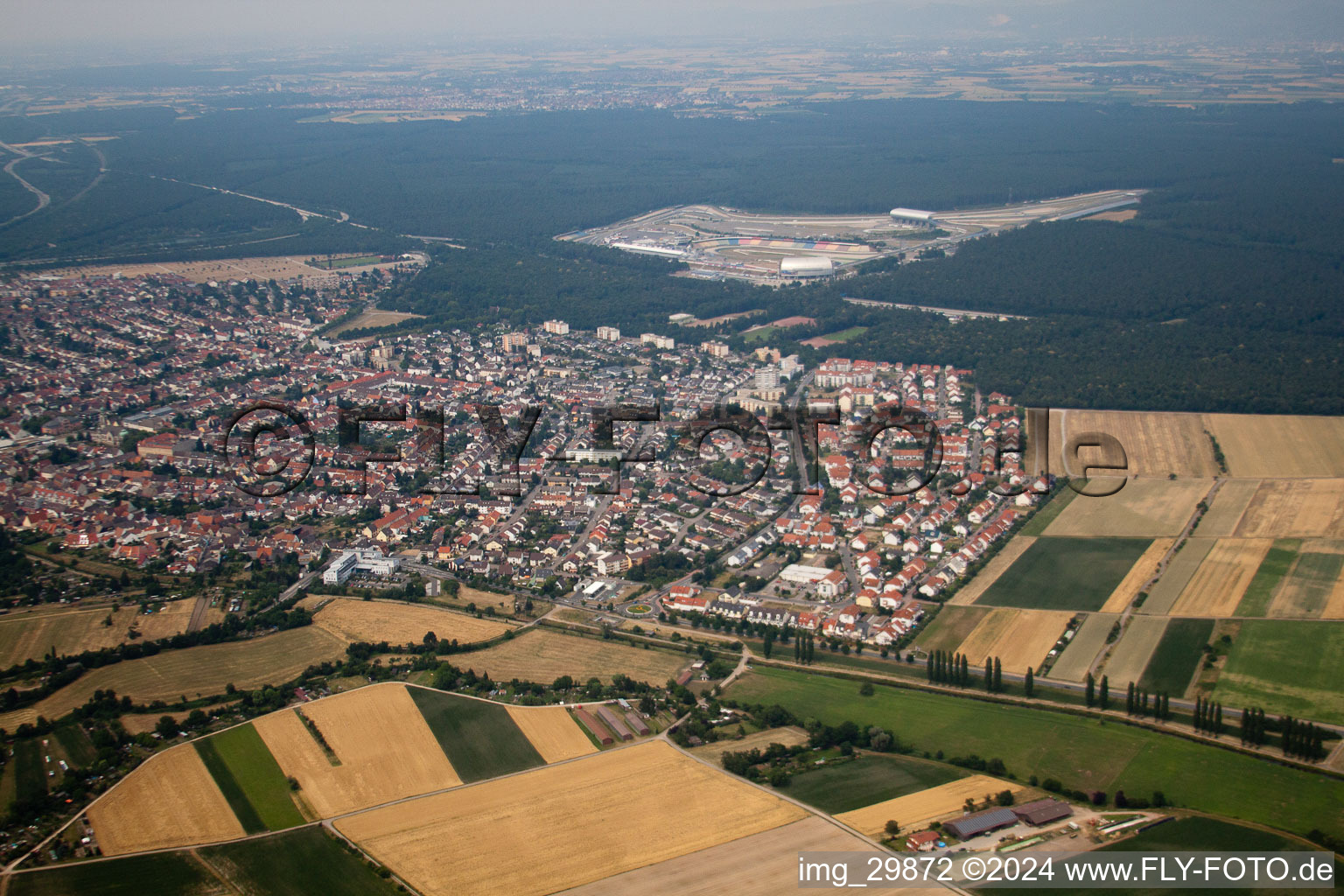 Bird's eye view of Hockenheim in the state Baden-Wuerttemberg, Germany