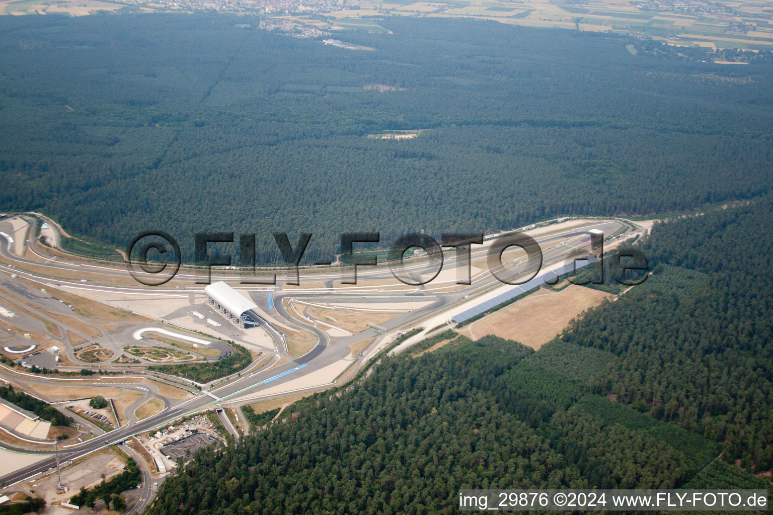 Oblique view of Motodrom in Hockenheim in the state Baden-Wuerttemberg, Germany