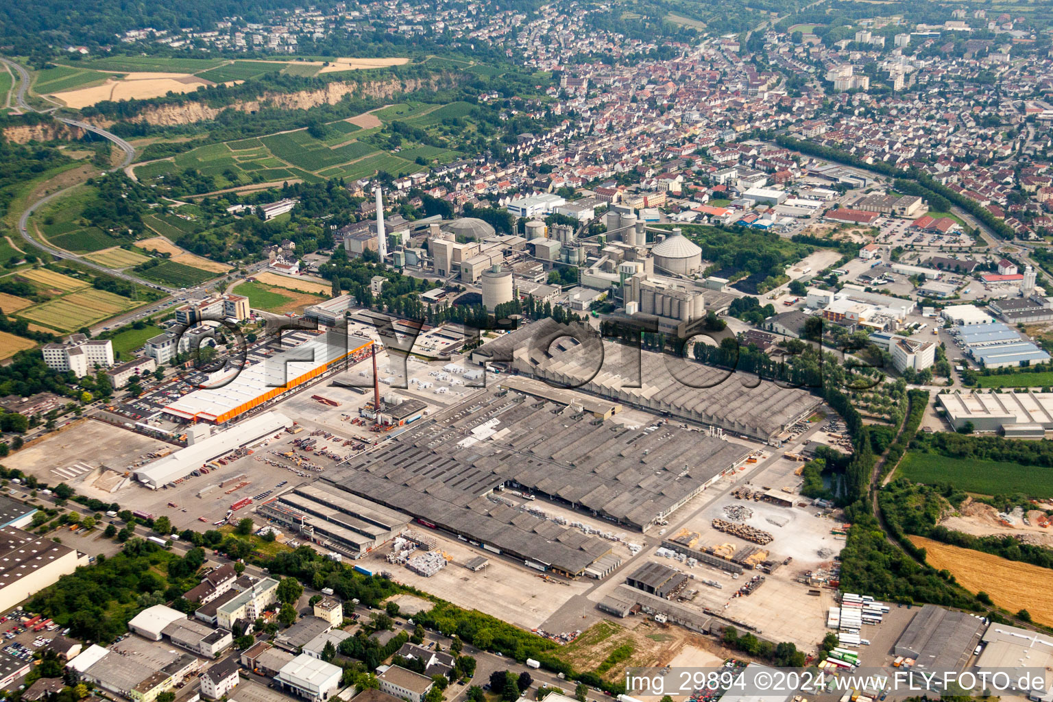 Aerial view of Technical facilities in the industrial area Eternit factory in the district Leimen in Heidelberg in the state Baden-Wurttemberg, Germany