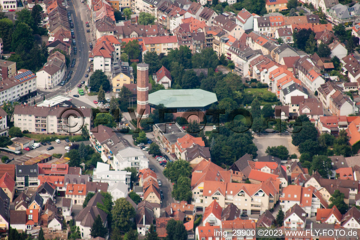 Aerial view of St. John's Church in the district Rohrbach in Heidelberg in the state Baden-Wuerttemberg, Germany
