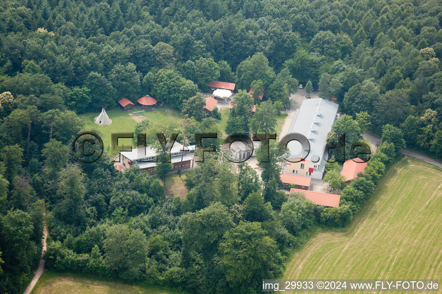 Aerial view of Forest Pirate Camp in the district Rohrbach in Heidelberg in the state Baden-Wuerttemberg, Germany