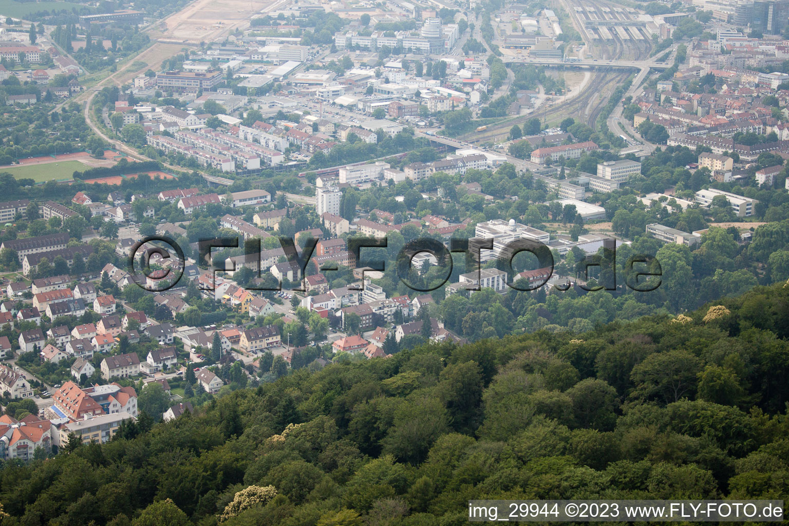 Aerial view of District Alte Stadtgärtnerei in Heidelberg in the state Baden-Wuerttemberg, Germany