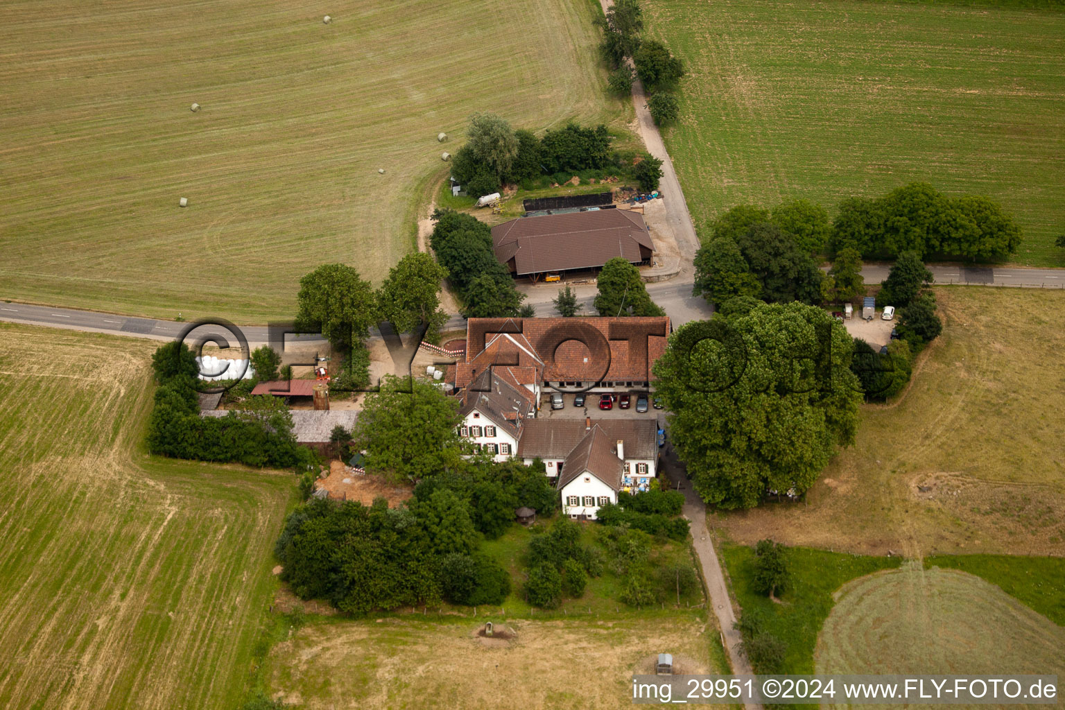 Aerial view of Bierhelderhof Gutsschänke in the district Rohrbach in Heidelberg in the state Baden-Wuerttemberg, Germany