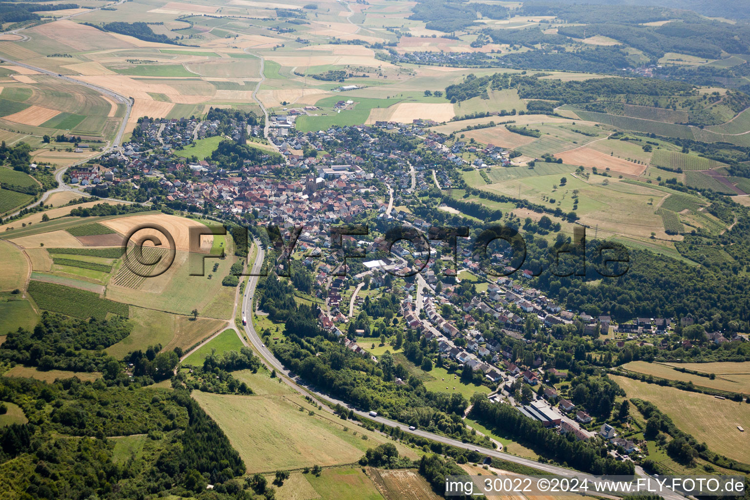 Aerial view of Town View of the streets and houses of the residential areas in Waldboeckelheim in the state Rhineland-Palatinate