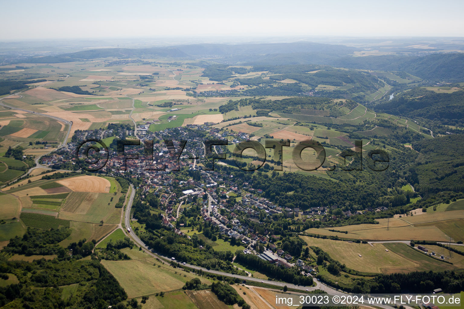 Aerial photograpy of Town View of the streets and houses of the residential areas in Waldboeckelheim in the state Rhineland-Palatinate