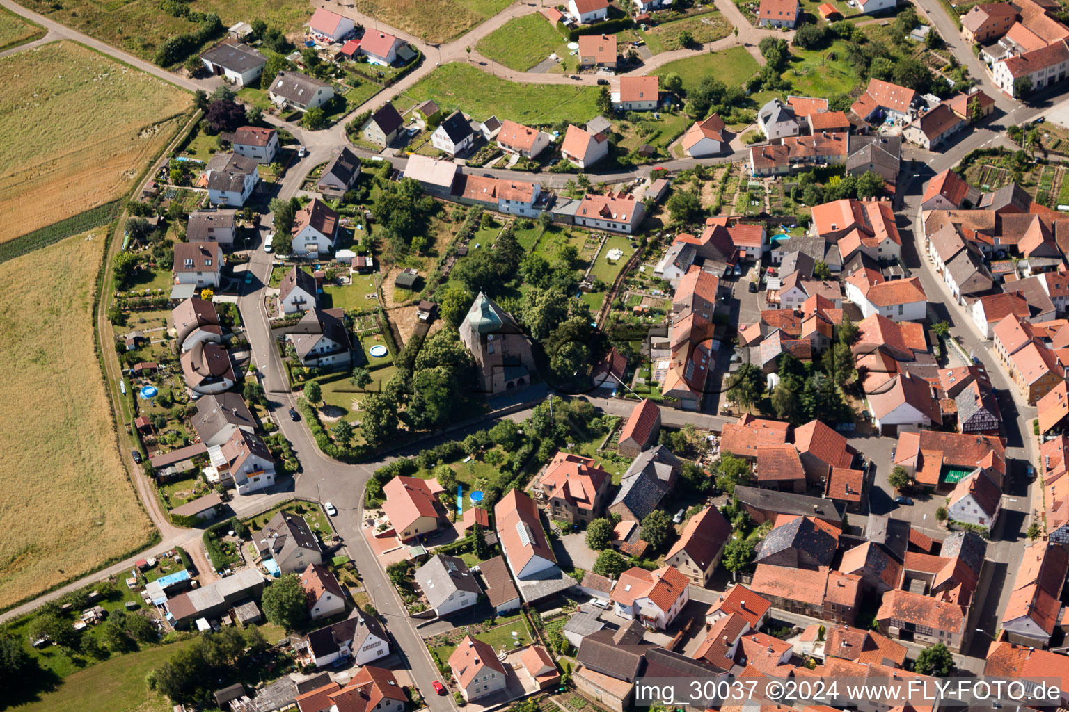 Aerial photograpy of Village - view on the edge of agricultural fields and farmland in the district Neudorferhof in Duchroth in the state Rhineland-Palatinate