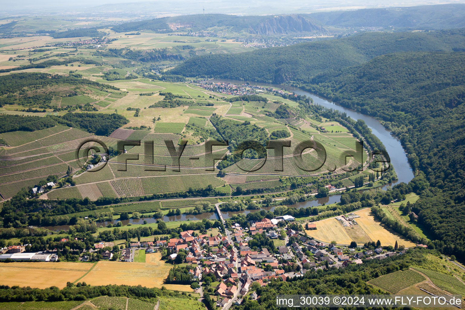 Village on the river bank areas of the Nahe river in Oberhausen an der Nahe in the state Rhineland-Palatinate