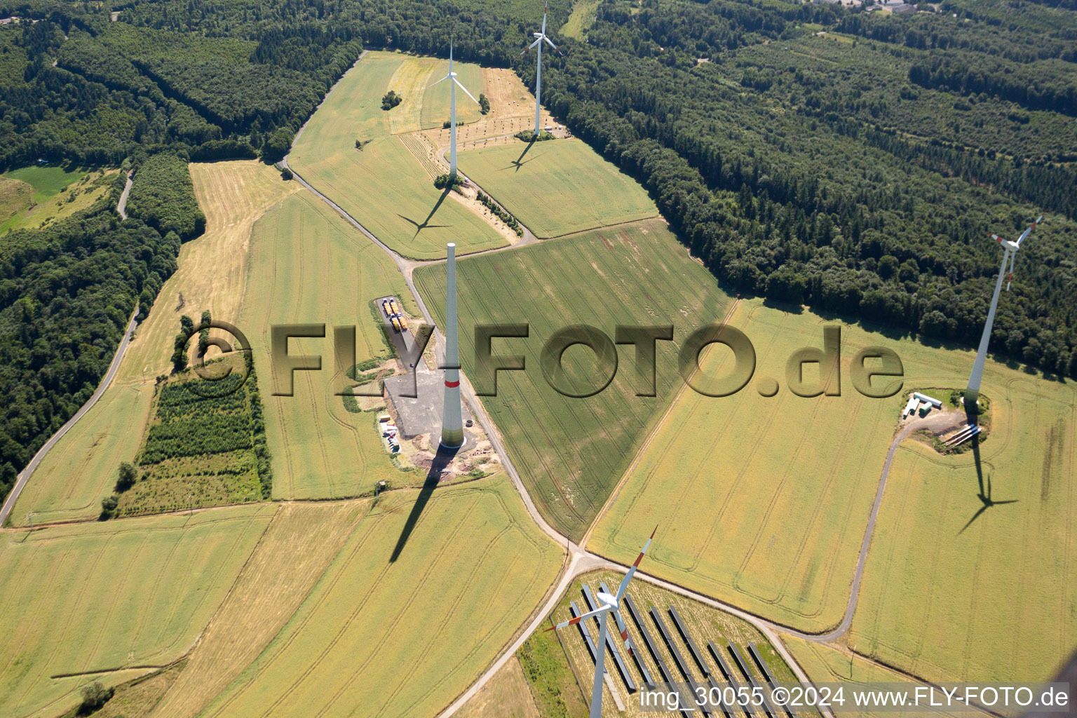 Aerial view of Wind turbines in Schneebergerhof in the state Rhineland-Palatinate, Germany