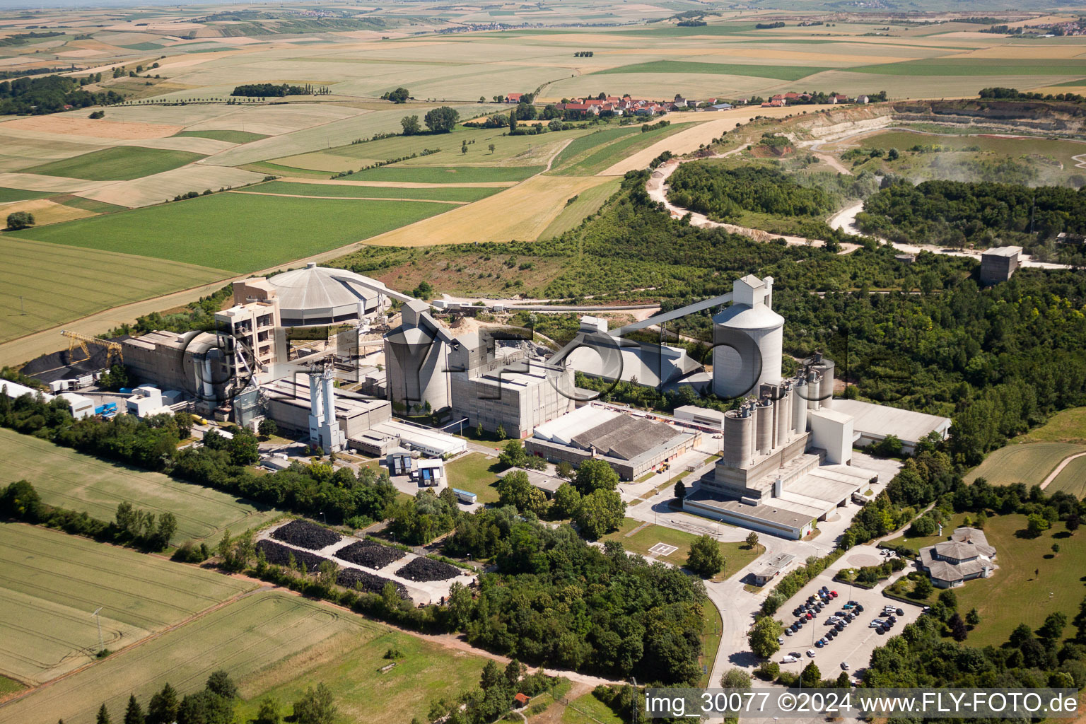 Aerial view of Mixed concrete and building materials factory of Dyckerhoff GmbH, factory Goellheim in the district Industriepark Nord in Dreisen in the state Rhineland-Palatinate, Germany