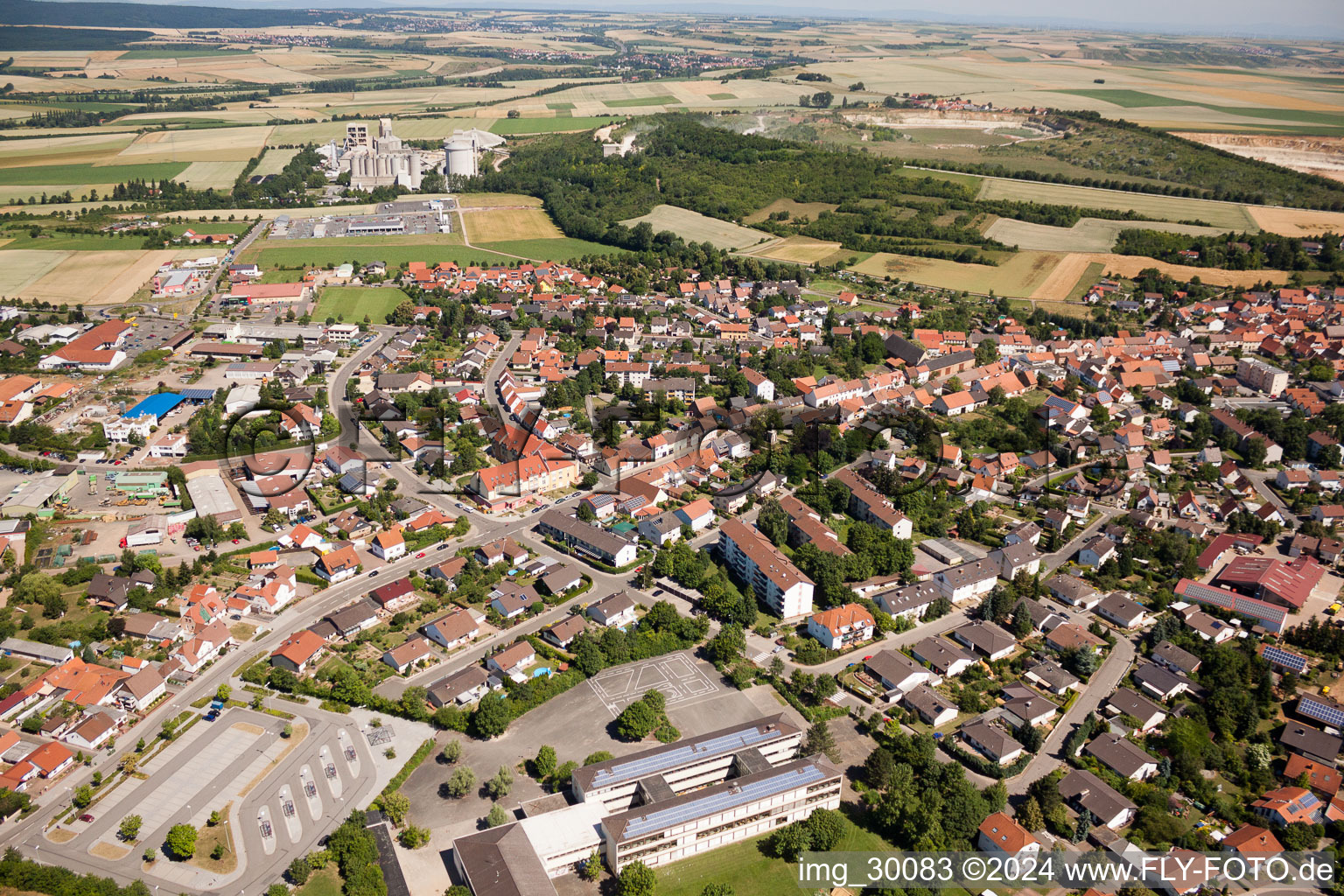 Aerial view of Town View of the streets and houses of the residential areas in Goellheim in the state Rhineland-Palatinate, Germany