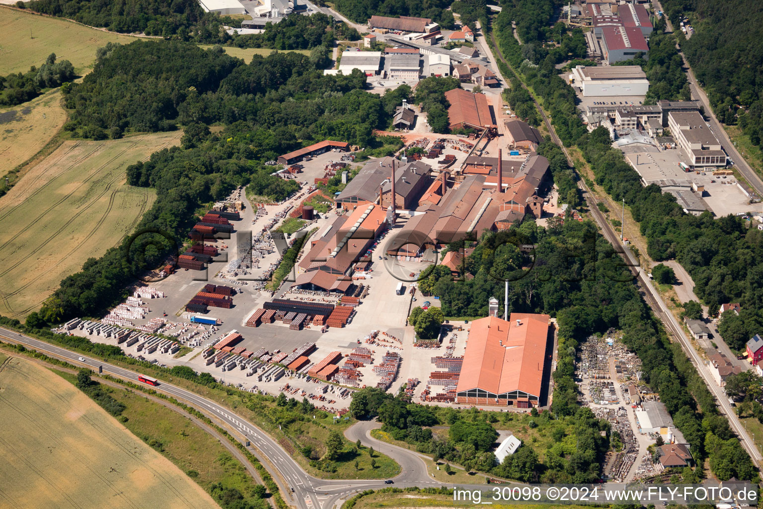 Oblique view of F. v. Müller roof tile works in Eisenberg in the state Rhineland-Palatinate, Germany