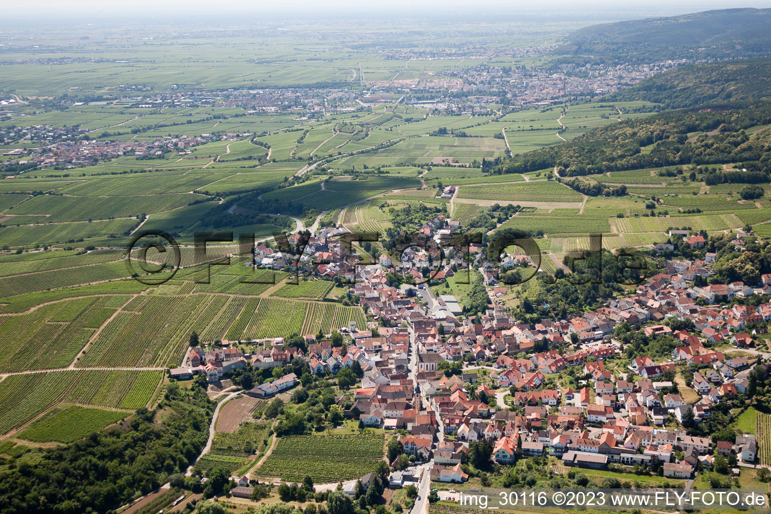Village - view on the edge of agricultural fields and farmland in Leistadt in the state Rhineland-Palatinate, Germany