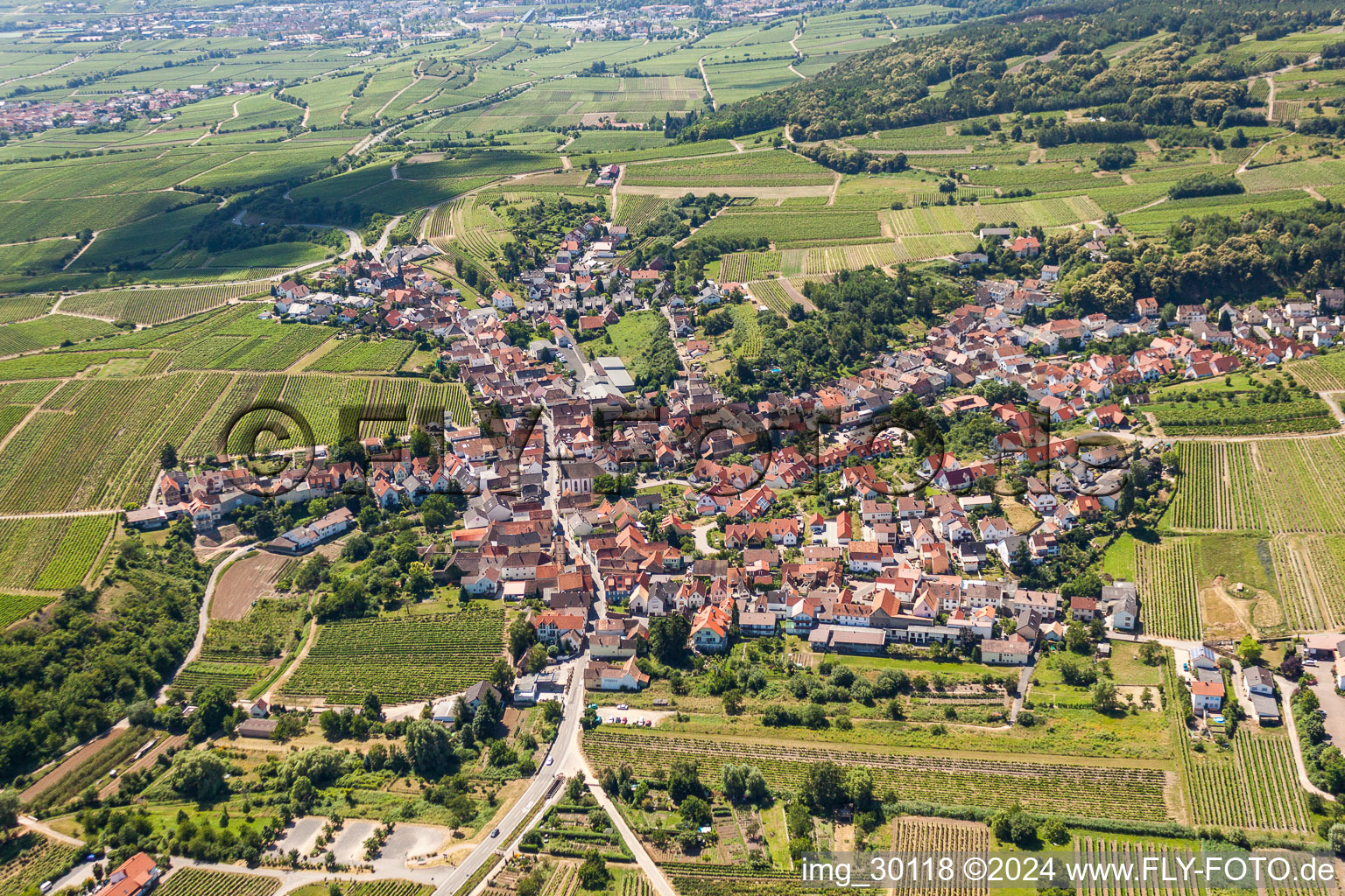 Aerial view of Village - view on the edge of agricultural fields and farmland in Leistadt in the state Rhineland-Palatinate, Germany