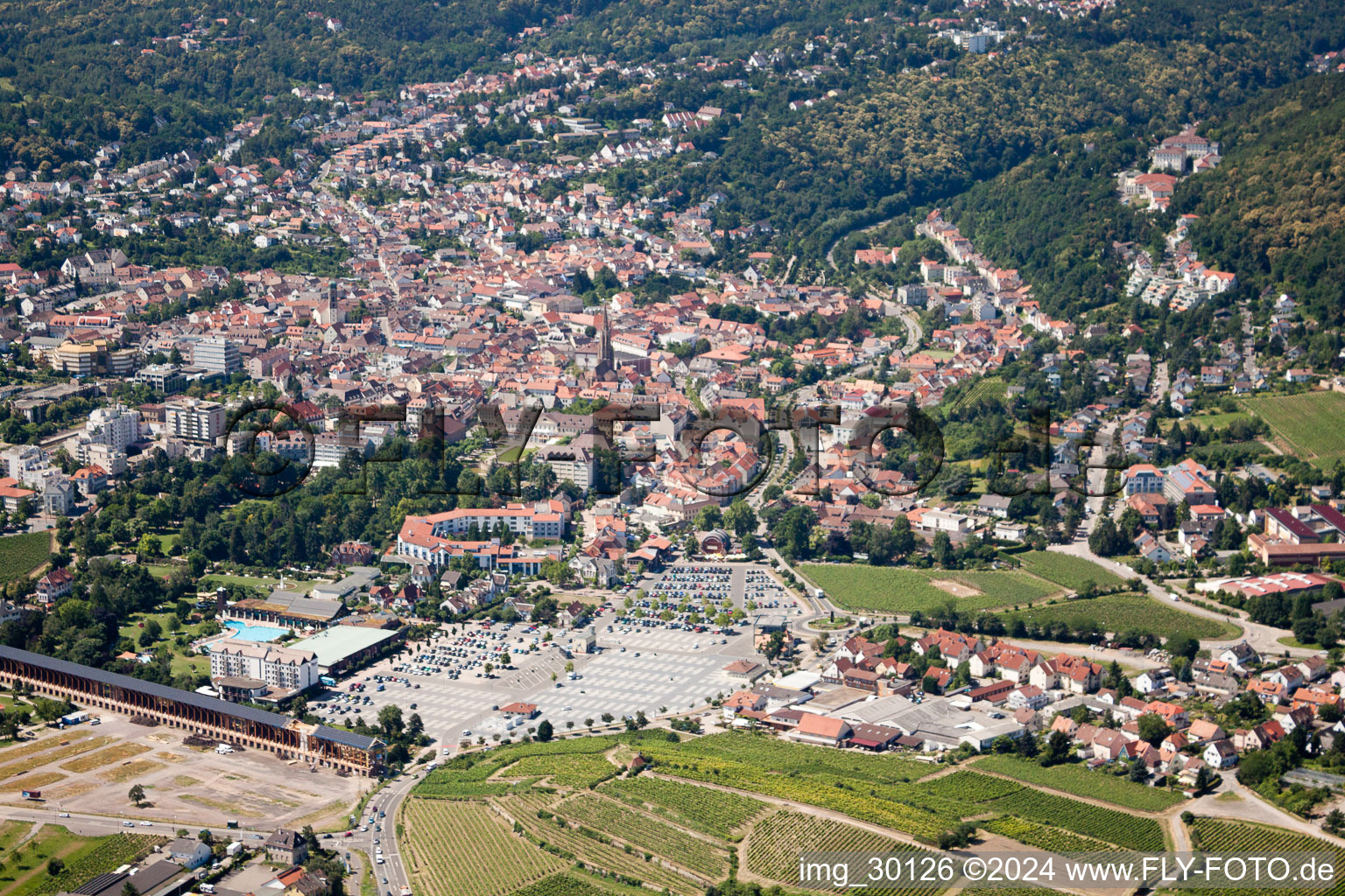 Aerial view of Sausage Market Square in Bad Dürkheim in the state Rhineland-Palatinate, Germany