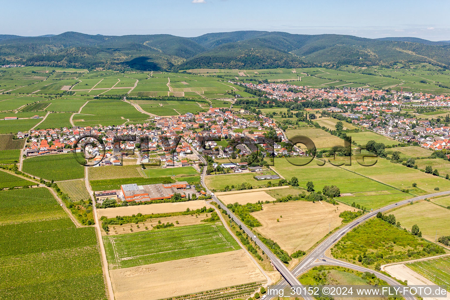 Village - view on the edge of agricultural fields and farmland in Ruppertsberg in the state Rhineland-Palatinate, Germany