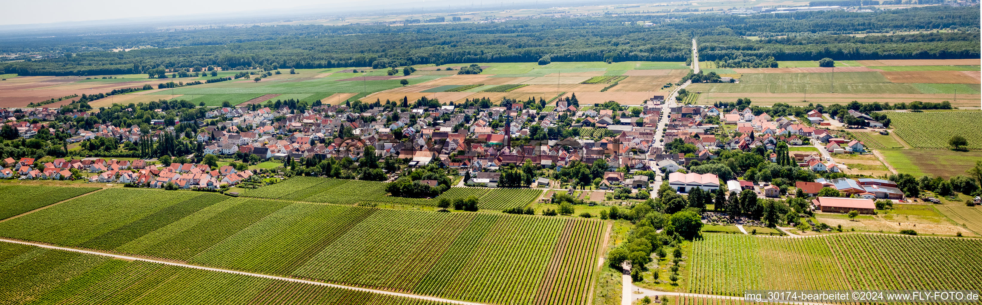 Panoramic perspective Village - view on the edge of agricultural fields and farmland in Hochstadt (Pfalz) in the state Rhineland-Palatinate, Germany