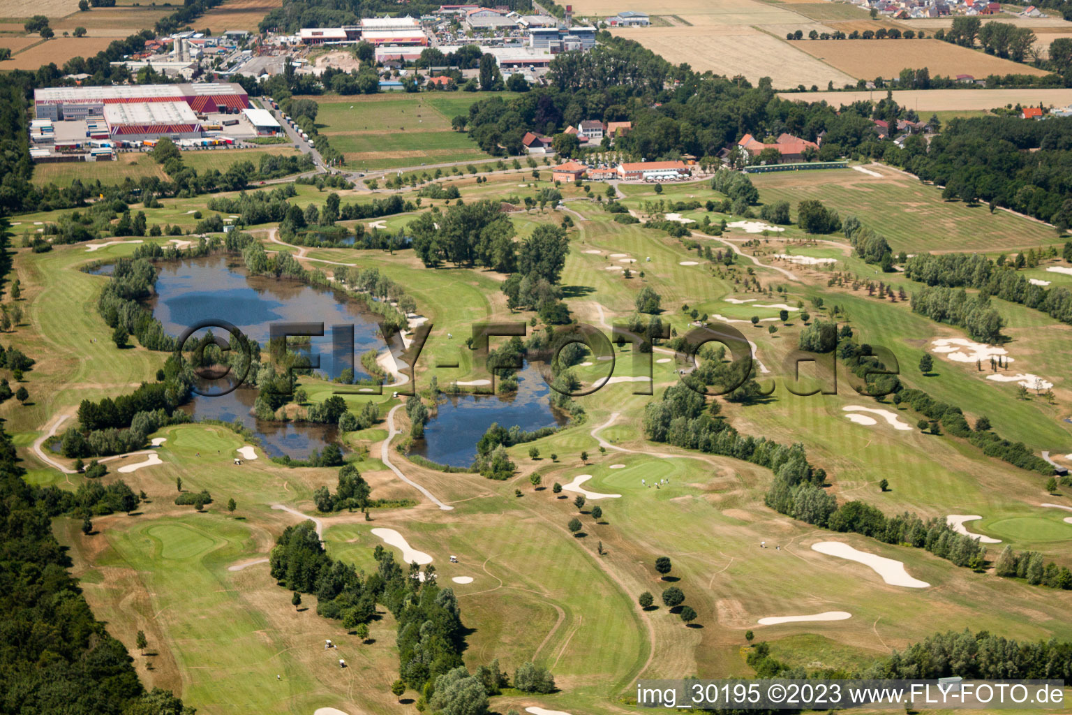 Dreihof Golf Club in Essingen in the state Rhineland-Palatinate, Germany seen from a drone