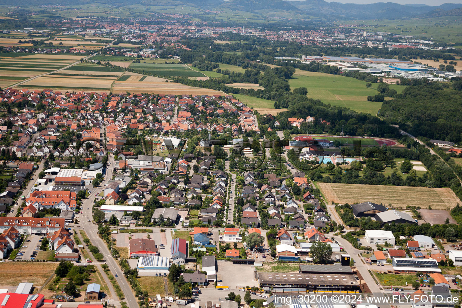 District Offenbach in Offenbach an der Queich in the state Rhineland-Palatinate, Germany seen from a drone