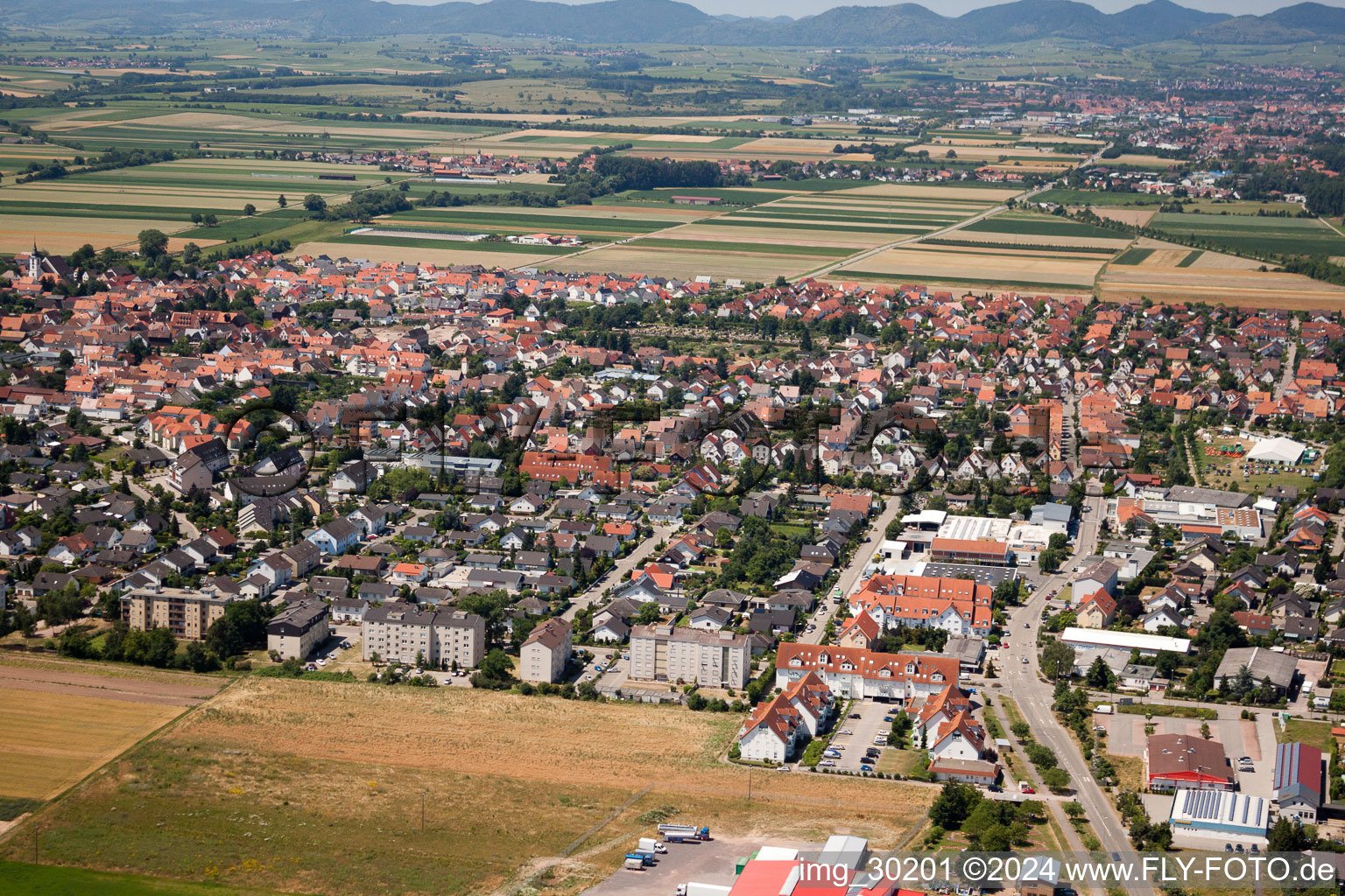 Aerial view of District Offenbach in Offenbach an der Queich in the state Rhineland-Palatinate, Germany