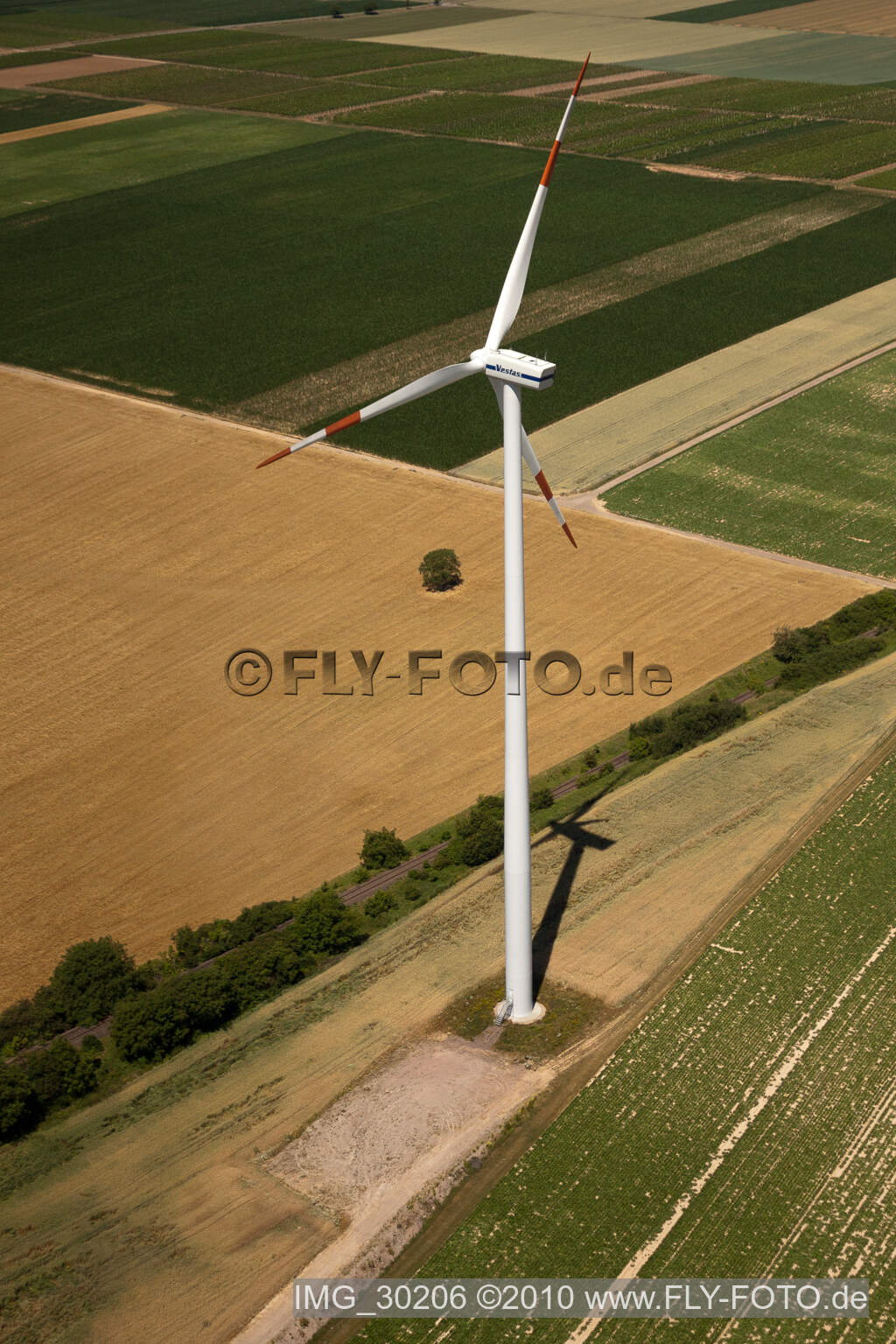 Aerial view of Wind turbines in Offenbach an der Queich in the state Rhineland-Palatinate, Germany