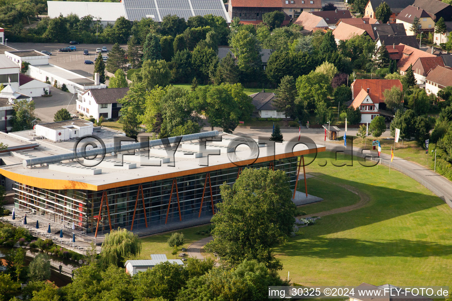 Weber-Haus in the district Linx in Rheinau in the state Baden-Wuerttemberg, Germany from above