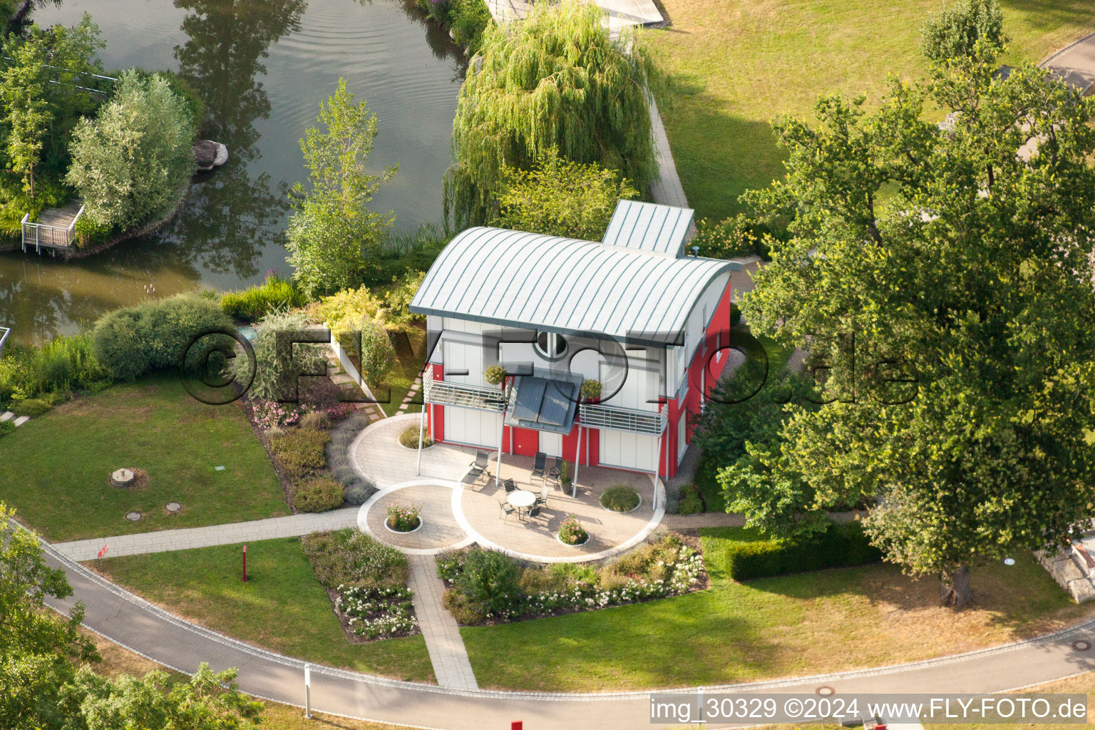 Aerial view of Exhibition grounds and exhibition halls of the World of Living in the district Linx in Rheinau in the state Baden-Wurttemberg, Germany