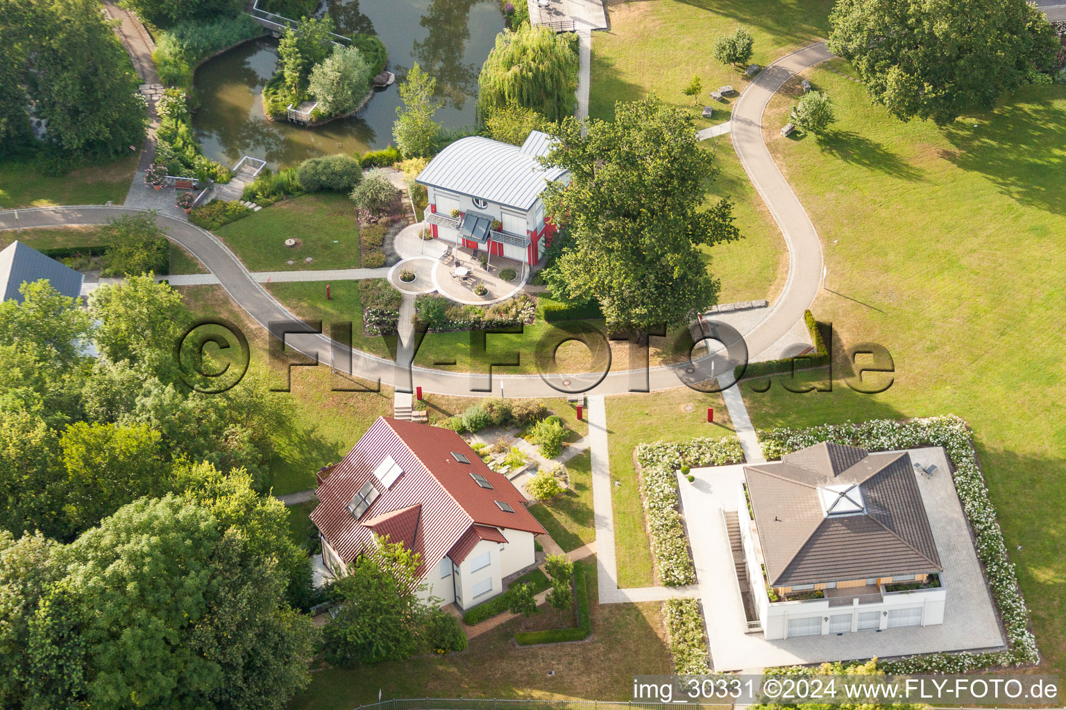 Aerial photograpy of Exhibition grounds and exhibition halls of the World of Living in the district Linx in Rheinau in the state Baden-Wurttemberg, Germany