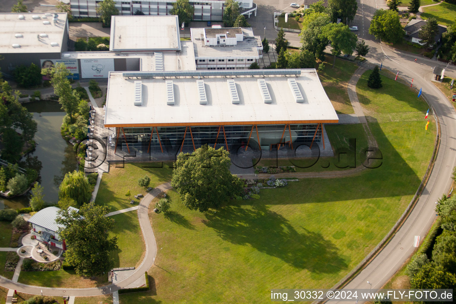 Weber-Haus in the district Linx in Rheinau in the state Baden-Wuerttemberg, Germany seen from above