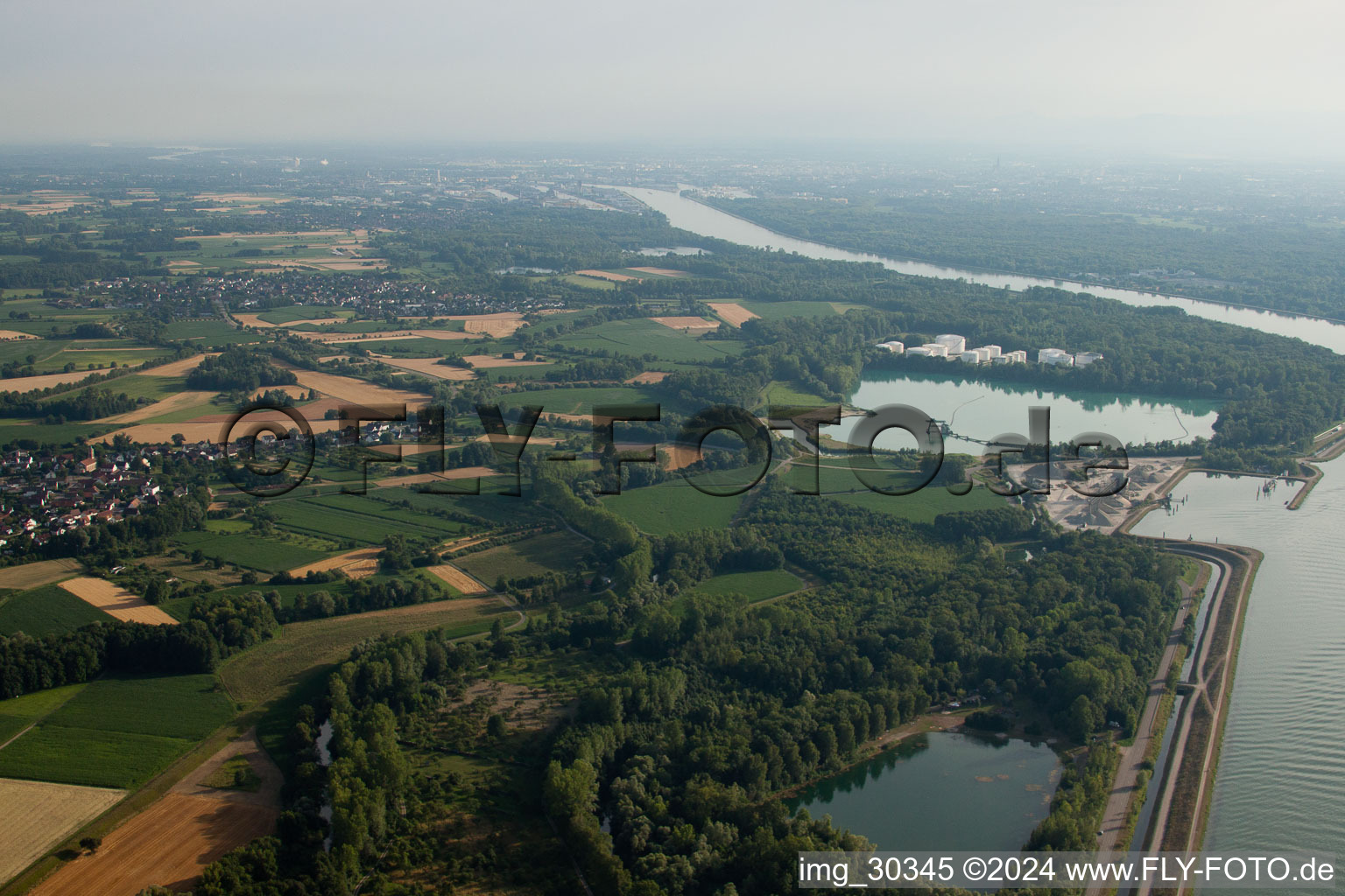 Aerial view of Diersheim, Rhine from the north in the district Honau in Rheinau in the state Baden-Wuerttemberg, Germany