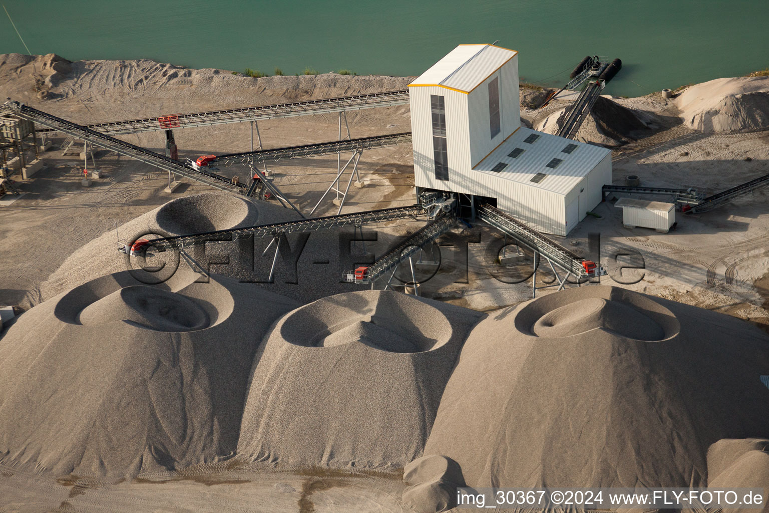 Aerial view of Gravel works in Gambsheim in the state Bas-Rhin, France