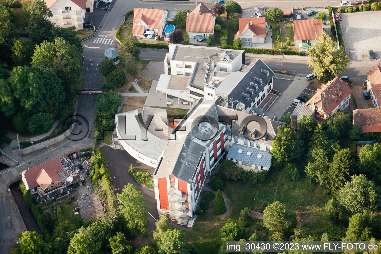Bischwiller in the state Bas-Rhin, France seen from a drone