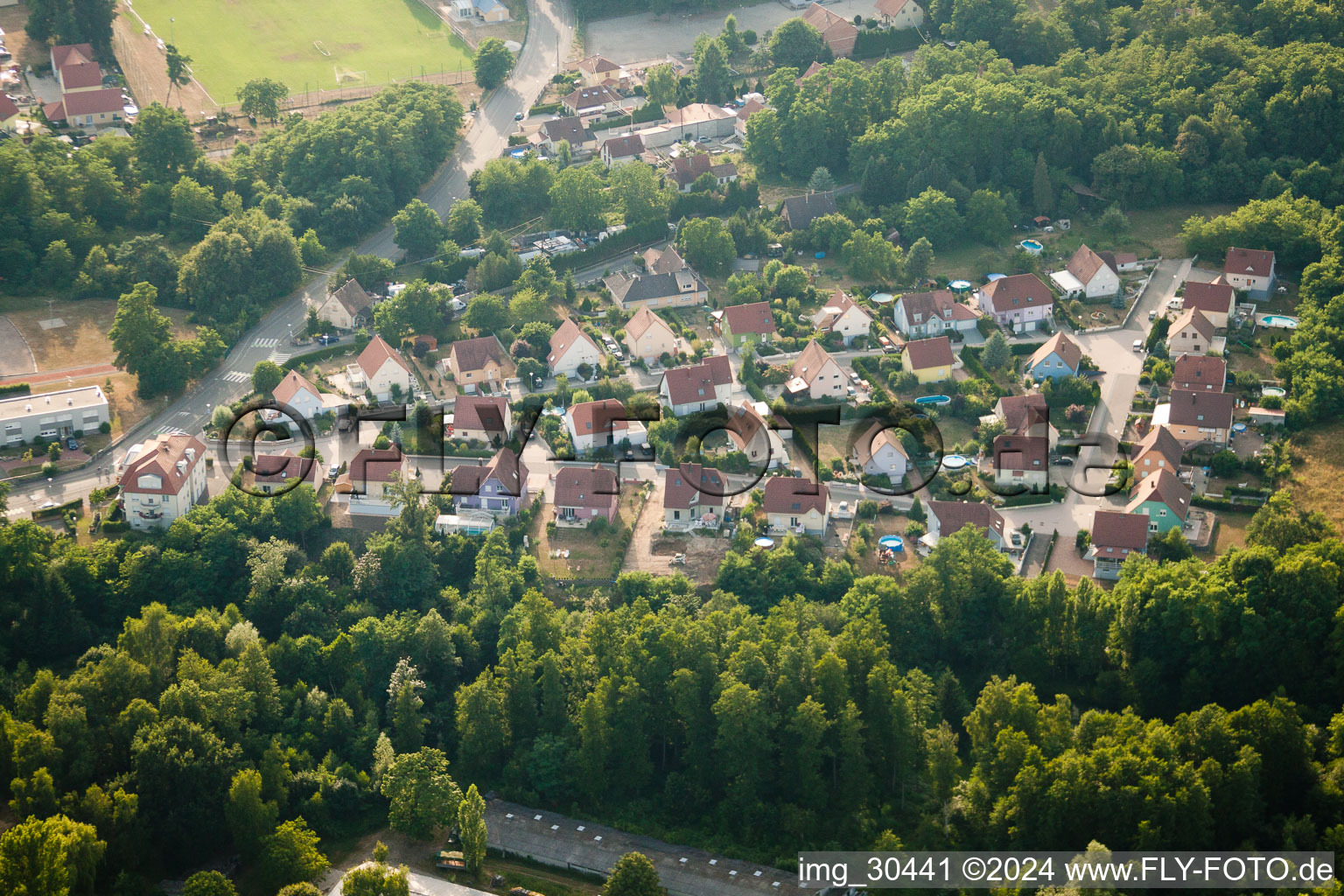 Oberhoffen-sur-Moder in the state Bas-Rhin, France seen from a drone