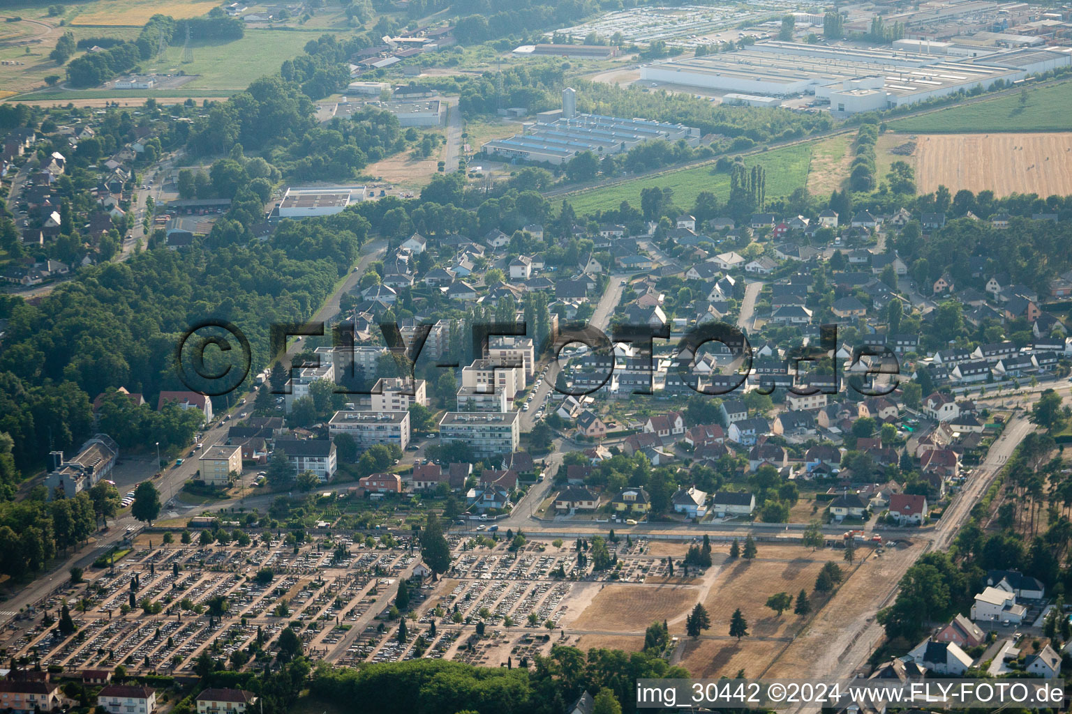 Aerial view of Oberhoffen-sur-Moder in the state Bas-Rhin, France